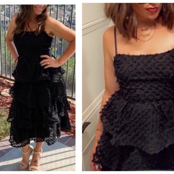 ❤️ Lulus Flirting with You Black Tiered Pom Pom Midi Dress - Picture 14 of 17